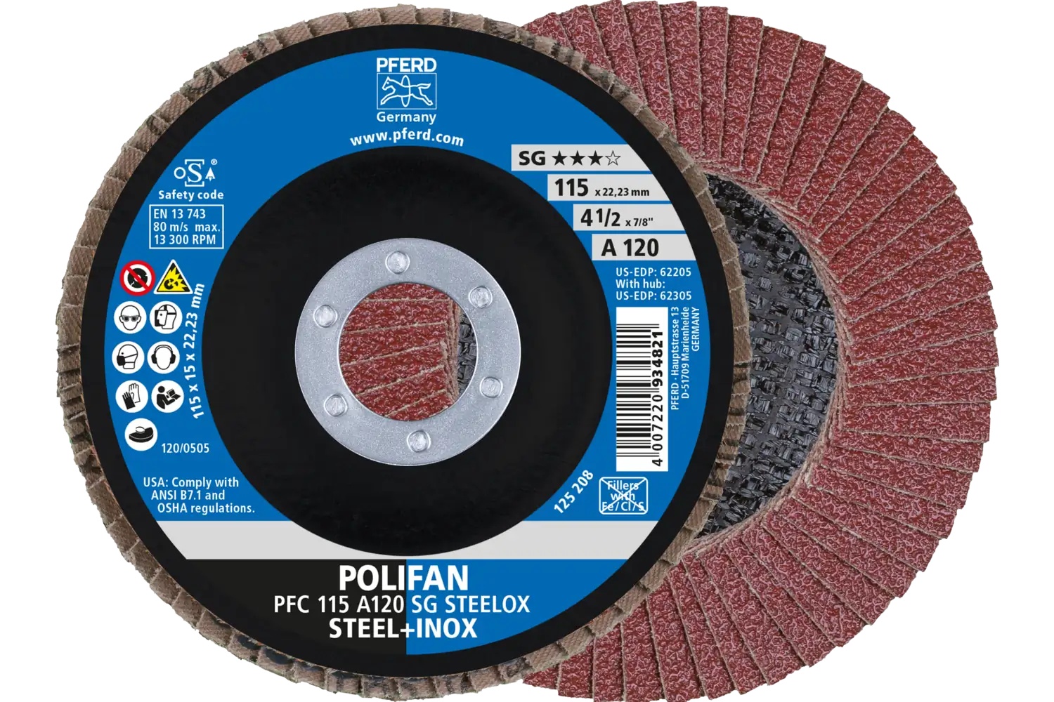 Picture of Pferd Flap Disc, 4-1/2" x 7/8, A SG Steelox, 120 Grit, T29, Conical, Aluminum oxide